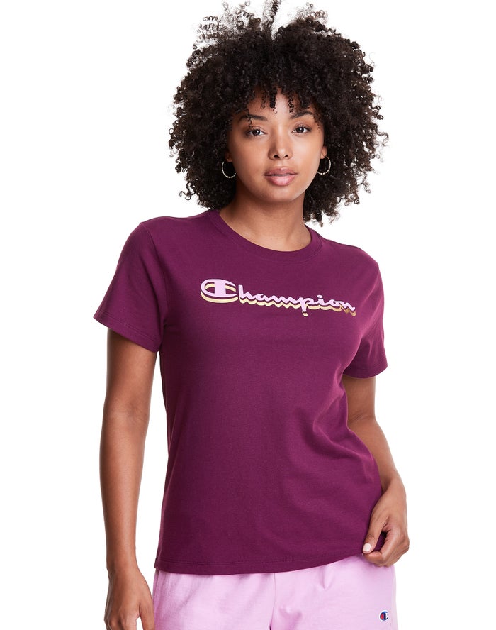 Champion Womens T-Shirt NZ - Classic Drop Shadow Foil Script Logo Dark Purple ( 4817-CDIVY )